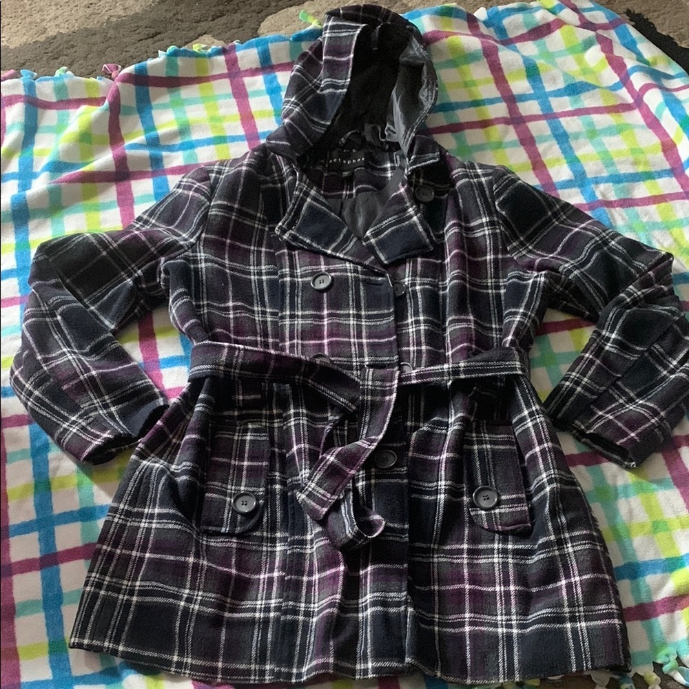 Metaphor- slightly used Plaid Hooded Coat with Belt